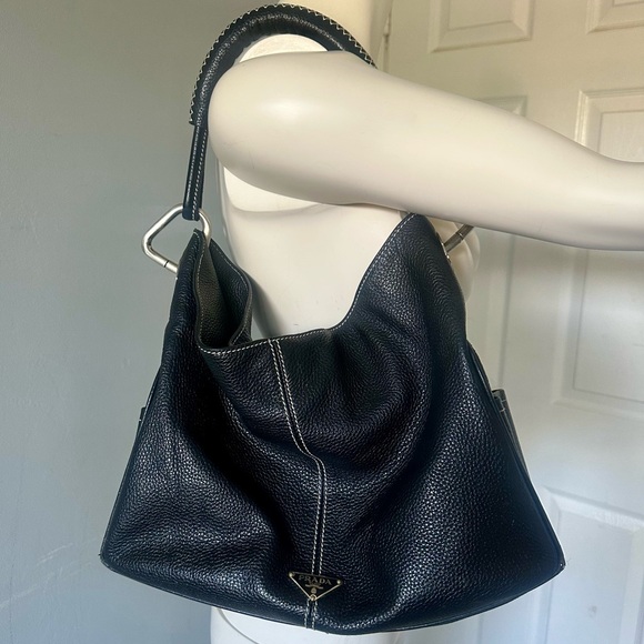 Prada Vitello Daino Black Leather Women's Hobo Shoulder Bag - Picture 9 of 9